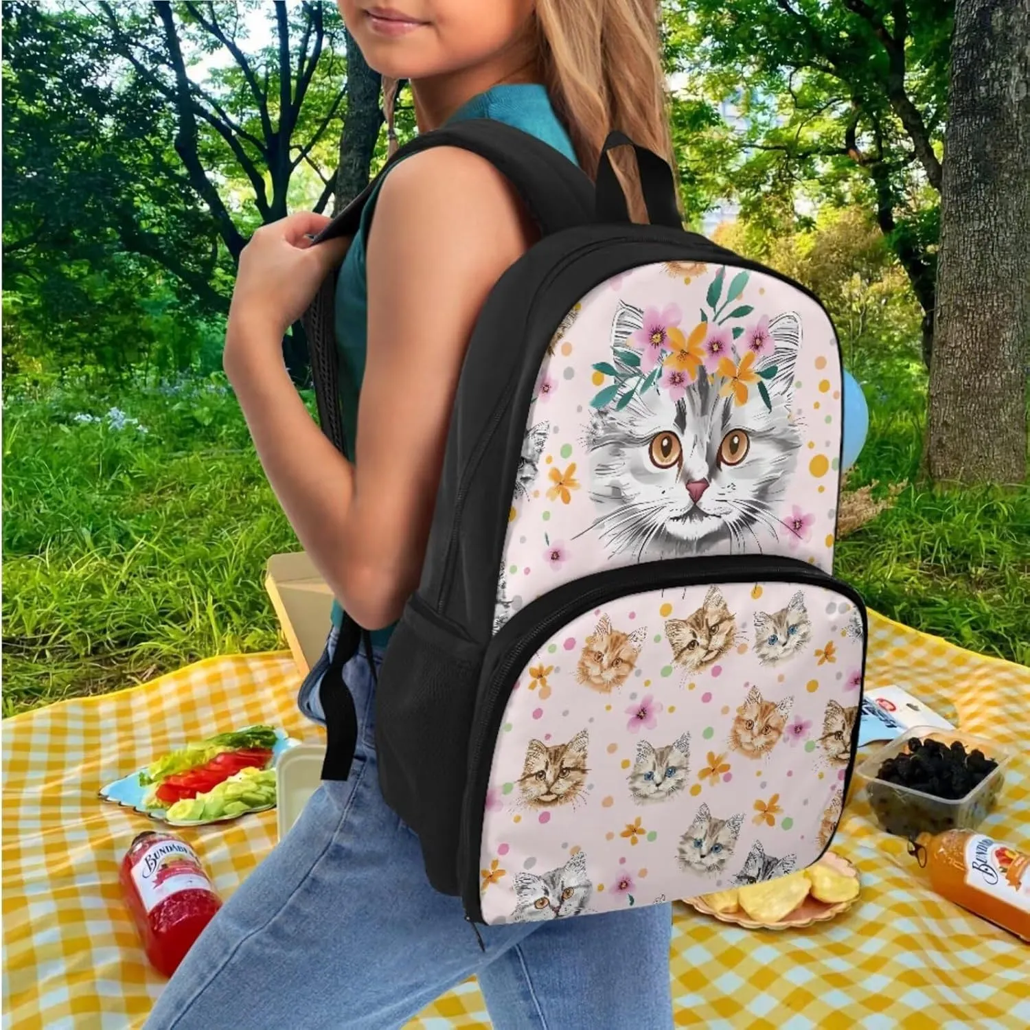 Cat Backpack for School Girls Book Bag School Bags for Kids Bookbag with Lunch Box Compartment and Pencil Case, Preschool Backpack Kindergarten Elementary School Toddler Backpacks