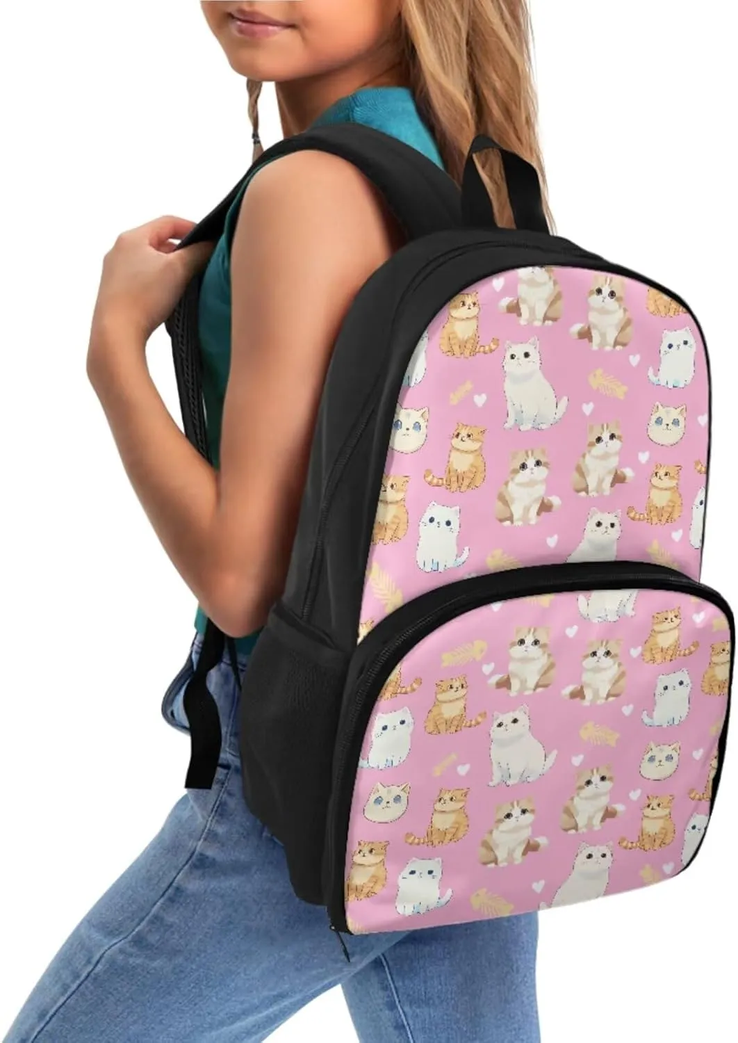 Cat Backpack for School Girls Lunch Backpack with Cooler Compartment, Kids Backpack for Preschool Elementary Kindergarten Backpack Lightweight Book Bag, Pink