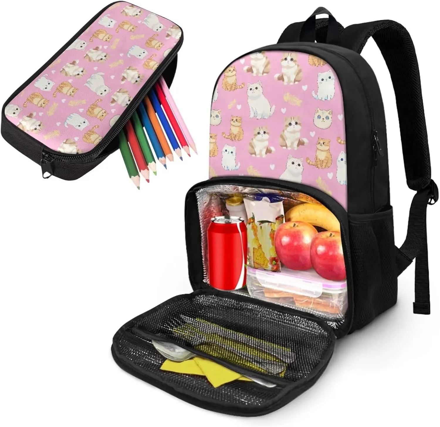 Cat Backpack for School Girls Lunch Backpack with Cooler Compartment, Kids Backpack for Preschool Elementary Kindergarten Backpack Lightweight Book Bag, Pink