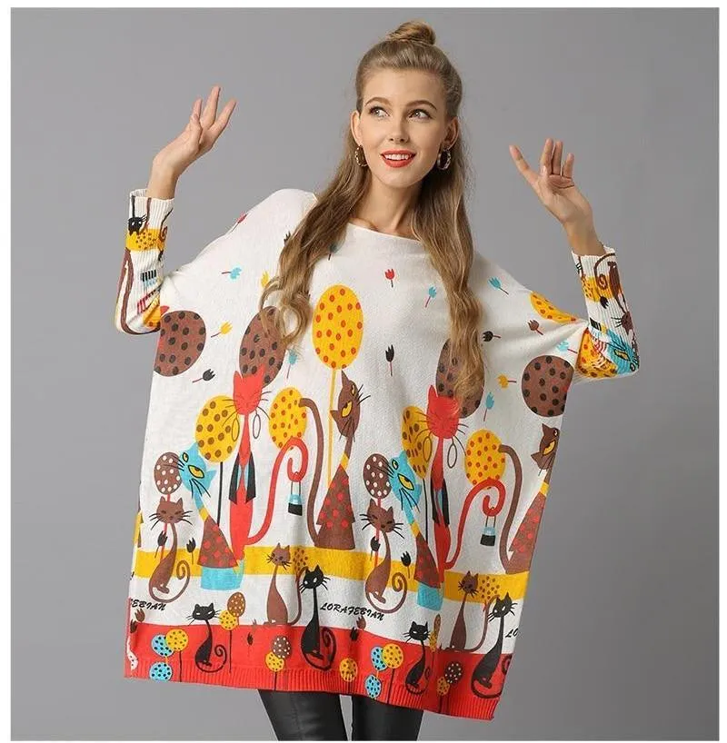 Cat Print Knitted Casual Pullover Sweater