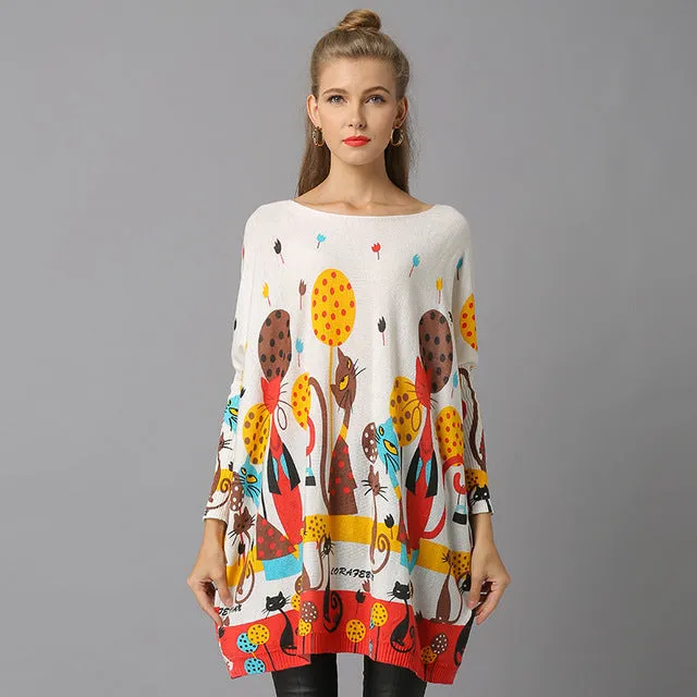 Cat Print Knitted Casual Pullover Sweater