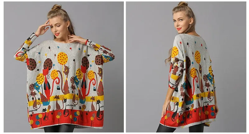 Cat Print Knitted Casual Pullover Sweater