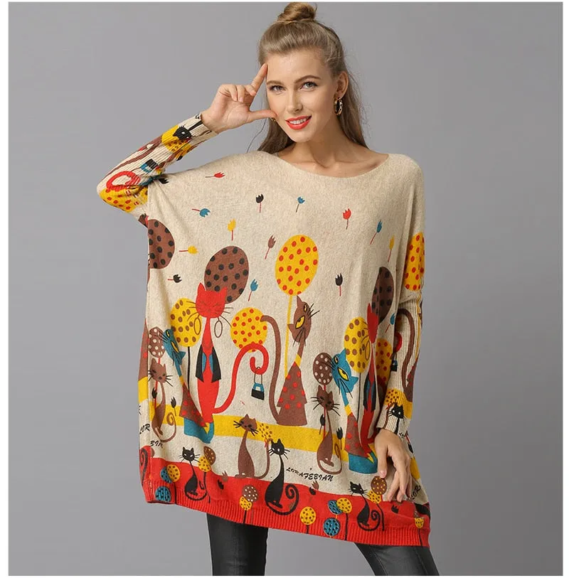 Cat Print Knitted Casual Pullover Sweater