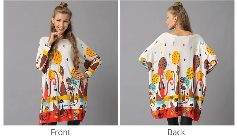 Cat Print Knitted Casual Pullover Sweater