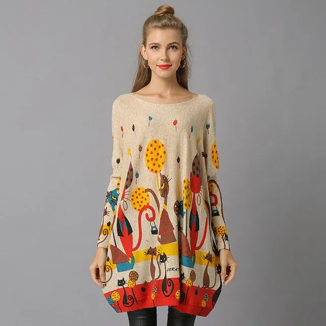 Cat Print Knitted Casual Pullover Sweater