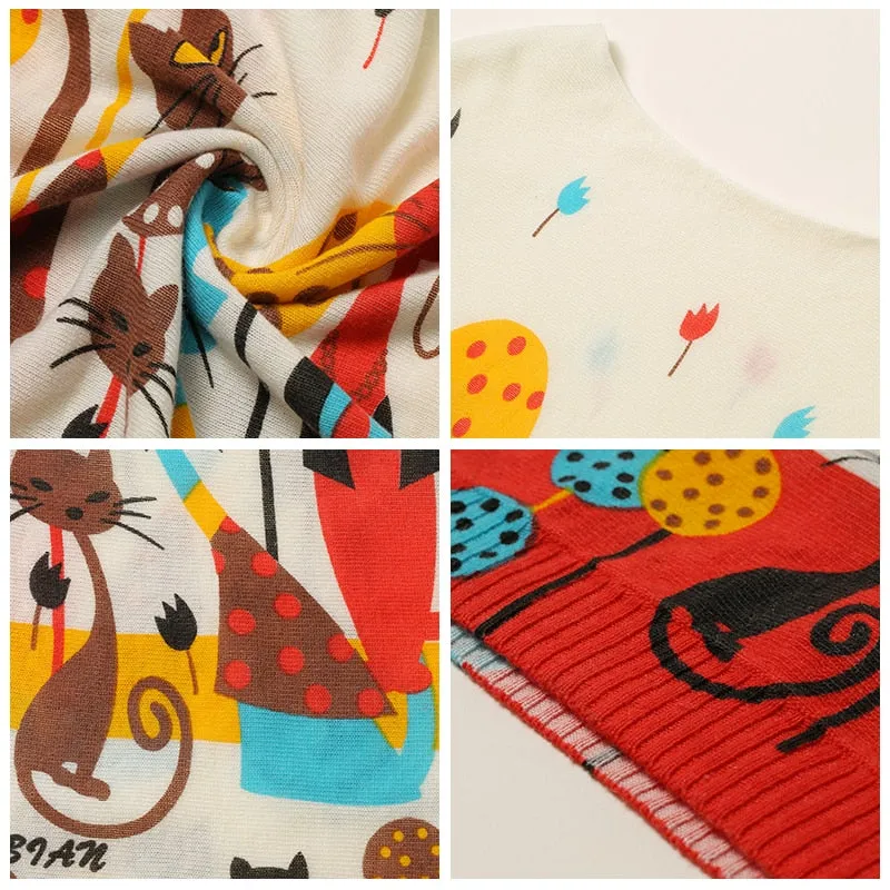 Cat Print Knitted Casual Pullover Sweater