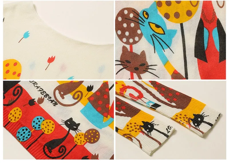 Cat Print Knitted Casual Pullover Sweater
