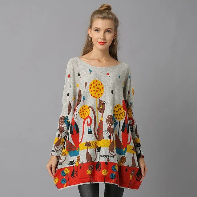 Cat Print Knitted Casual Pullover Sweater