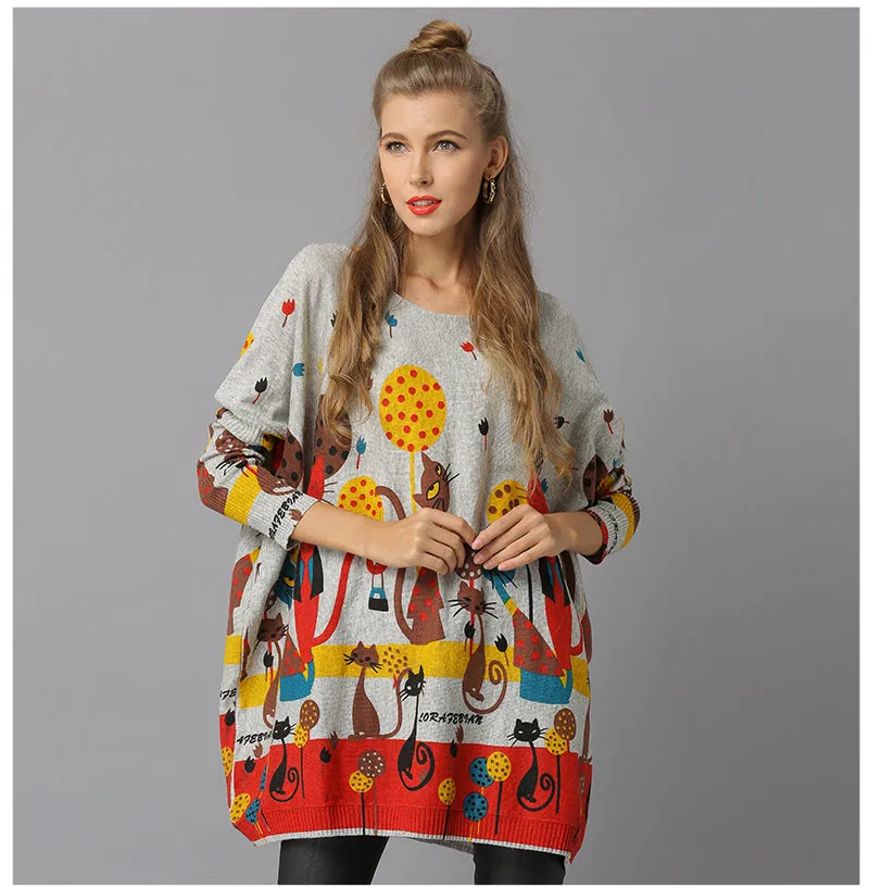 Cat Print Knitted Casual Pullover Sweater