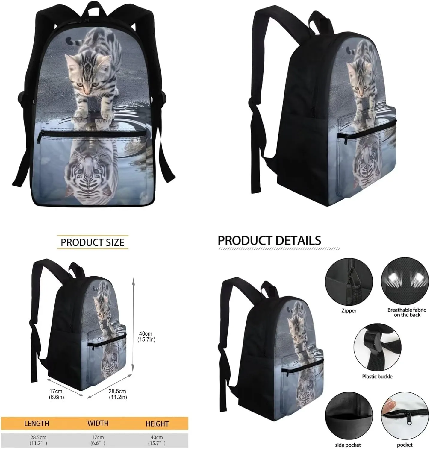 Cat Tiger Backpack for Girls with Lunch Box Pencil Purse 3-5 6-8 10-12 Kids School Bag Children Schoolbag Elementary Kindergarten Preschool Bookbag Water Bottle Sleeve