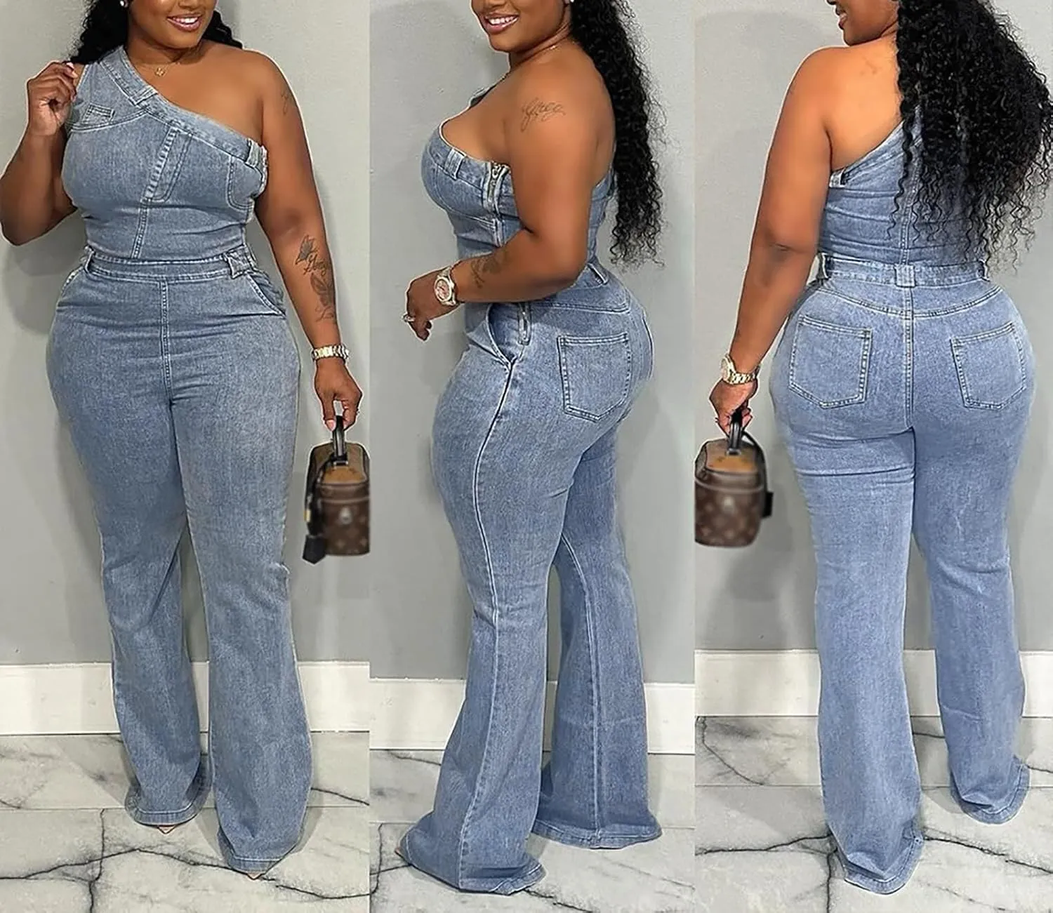 cffvdiz Women's One Shoulder Denim Jumpsuit Sleeveless Zip Side Stretch Flare Leg Jean Jumpsuit Rompers