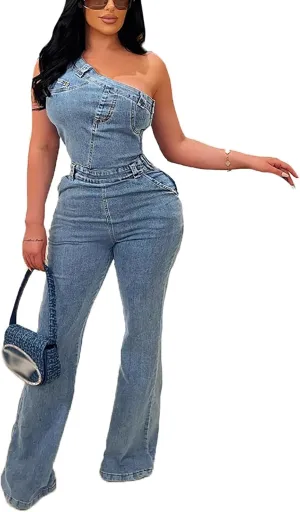 cffvdiz Women's One Shoulder Denim Jumpsuit Sleeveless Zip Side Stretch Flare Leg Jean Jumpsuit Rompers