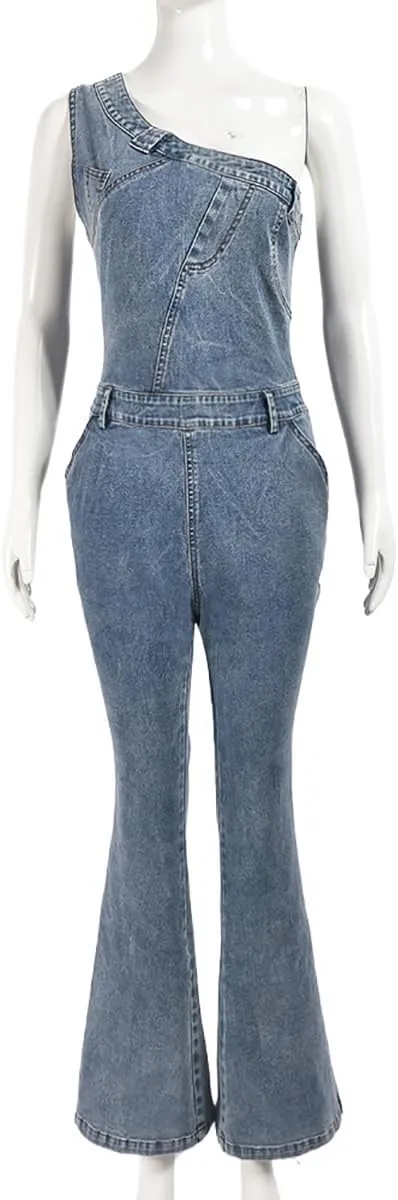 cffvdiz Women's One Shoulder Denim Jumpsuit Sleeveless Zip Side Stretch Flare Leg Jean Jumpsuit Rompers