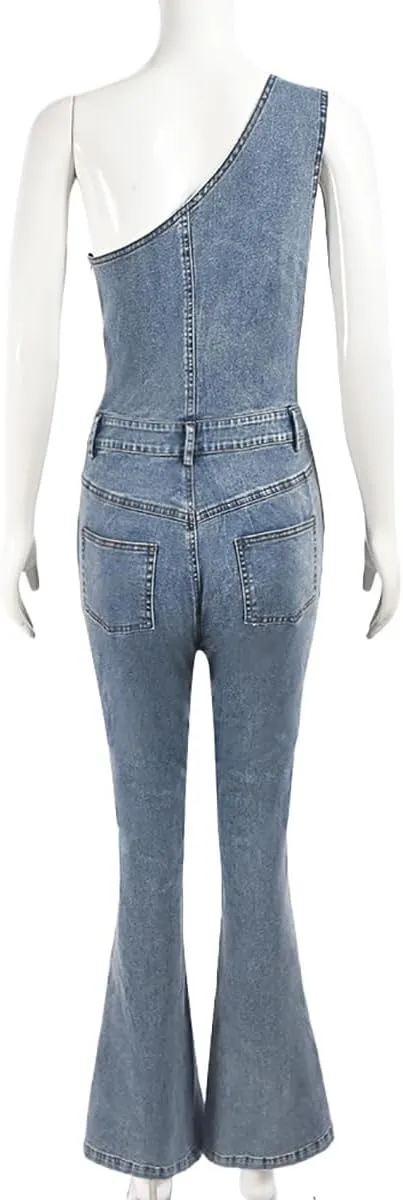 cffvdiz Women's One Shoulder Denim Jumpsuit Sleeveless Zip Side Stretch Flare Leg Jean Jumpsuit Rompers