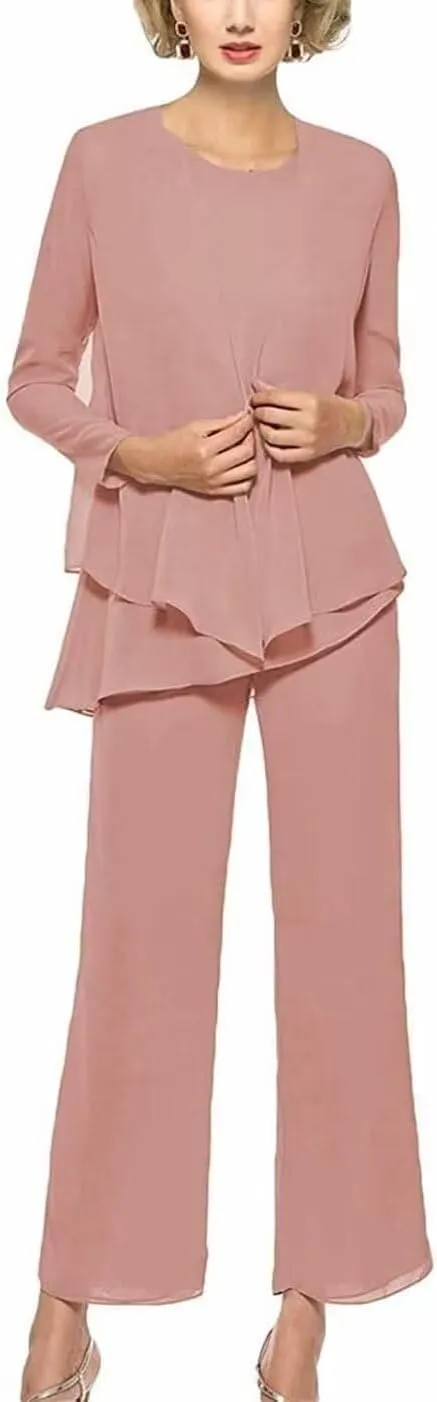 Chiffon 3 Pieces Mother of The Bride Pants Suits for Wedding Long Sleeves Evening Gown with Jacket Outfit Set
