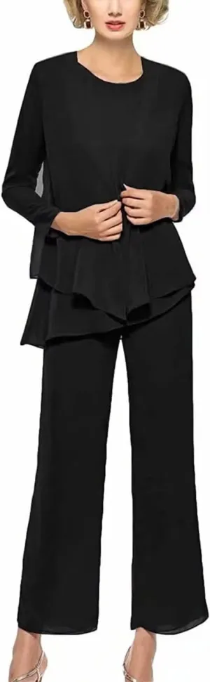 Chiffon 3 Pieces Mother of The Bride Pants Suits for Wedding Long Sleeves Evening Gown with Jacket Outfit Set