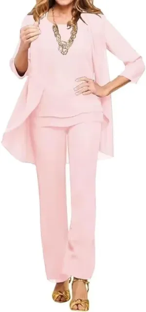 Chiffon Mother of The Bride Pant Suits Petite 3 Pieces Formal Outfit Sets for Women Evening Party