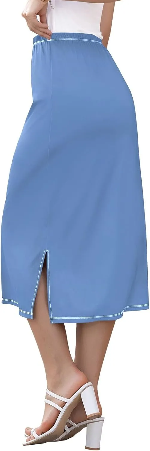 CHIFIGNO Womens Skirt Midi Length Modest Casual Skirt Pull on Midi Skirt for Cocktail Party Wedding