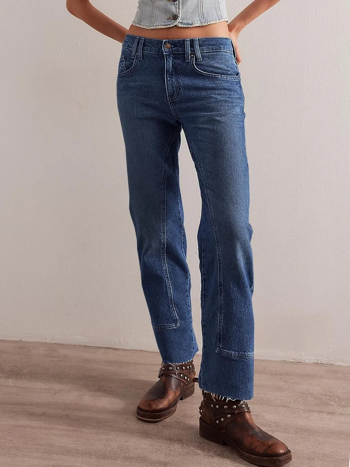 Cicy Bell Womens Straight Leg Stretchy Jeans High Waisted Front Seam Cropped Ankle Denim Pants with Pockets