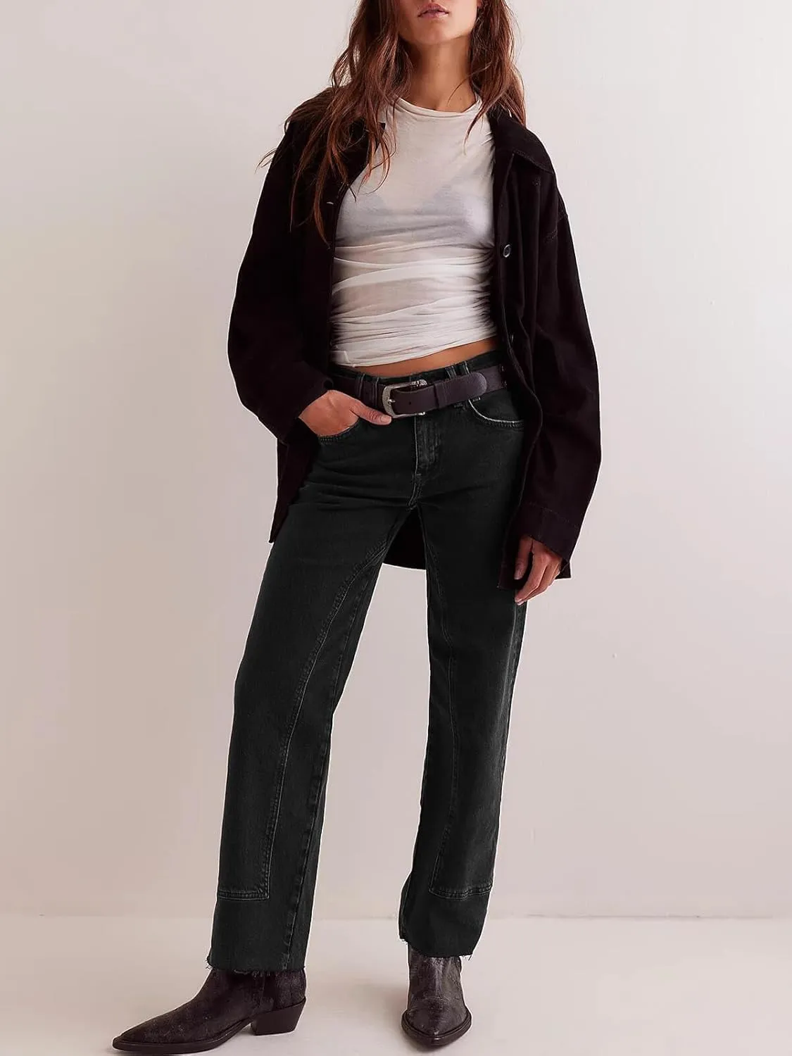 Cicy Bell Womens Straight Leg Stretchy Jeans High Waisted Front Seam Cropped Ankle Denim Pants with Pockets