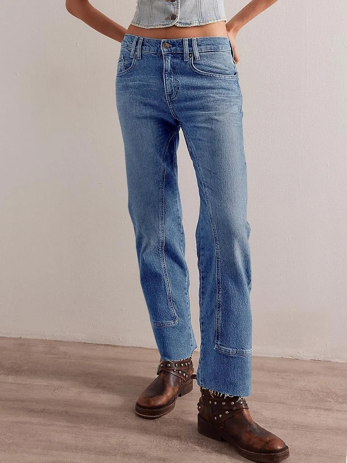 Cicy Bell Womens Straight Leg Stretchy Jeans High Waisted Front Seam Cropped Ankle Denim Pants with Pockets