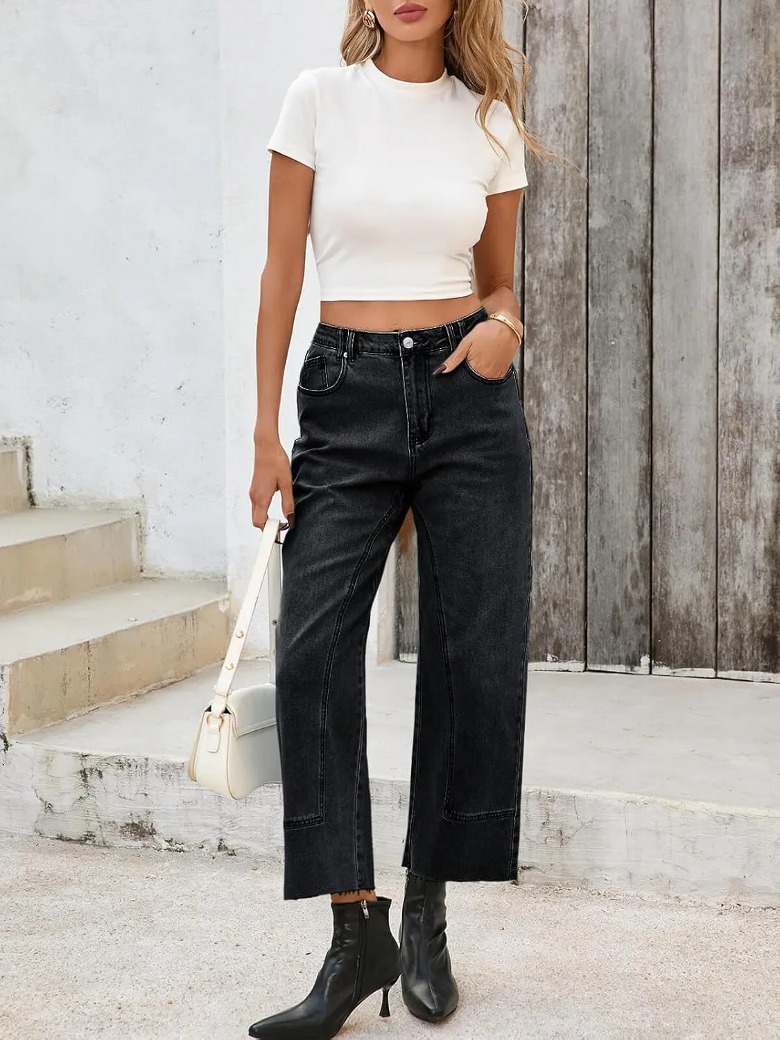 Cicy Bell Womens Straight Leg Stretchy Jeans High Waisted Front Seam Cropped Ankle Denim Pants with Pockets