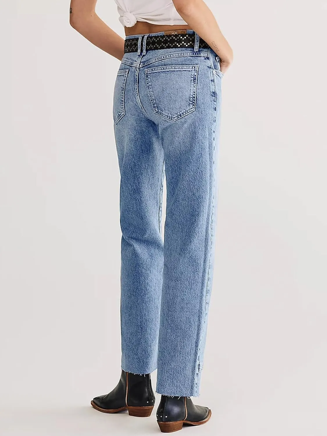 Cicy Bell Womens Straight Leg Stretchy Jeans High Waisted Front Seam Cropped Ankle Denim Pants with Pockets