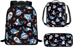 CLOHOMIN Cartoon Shark Strawberry Shoulder Bag Fashion School Backpack Set of 3, Lightweight Pencil Holder Cooler Warm Lunch Tote Pencil Bag for Kids Teen Boys