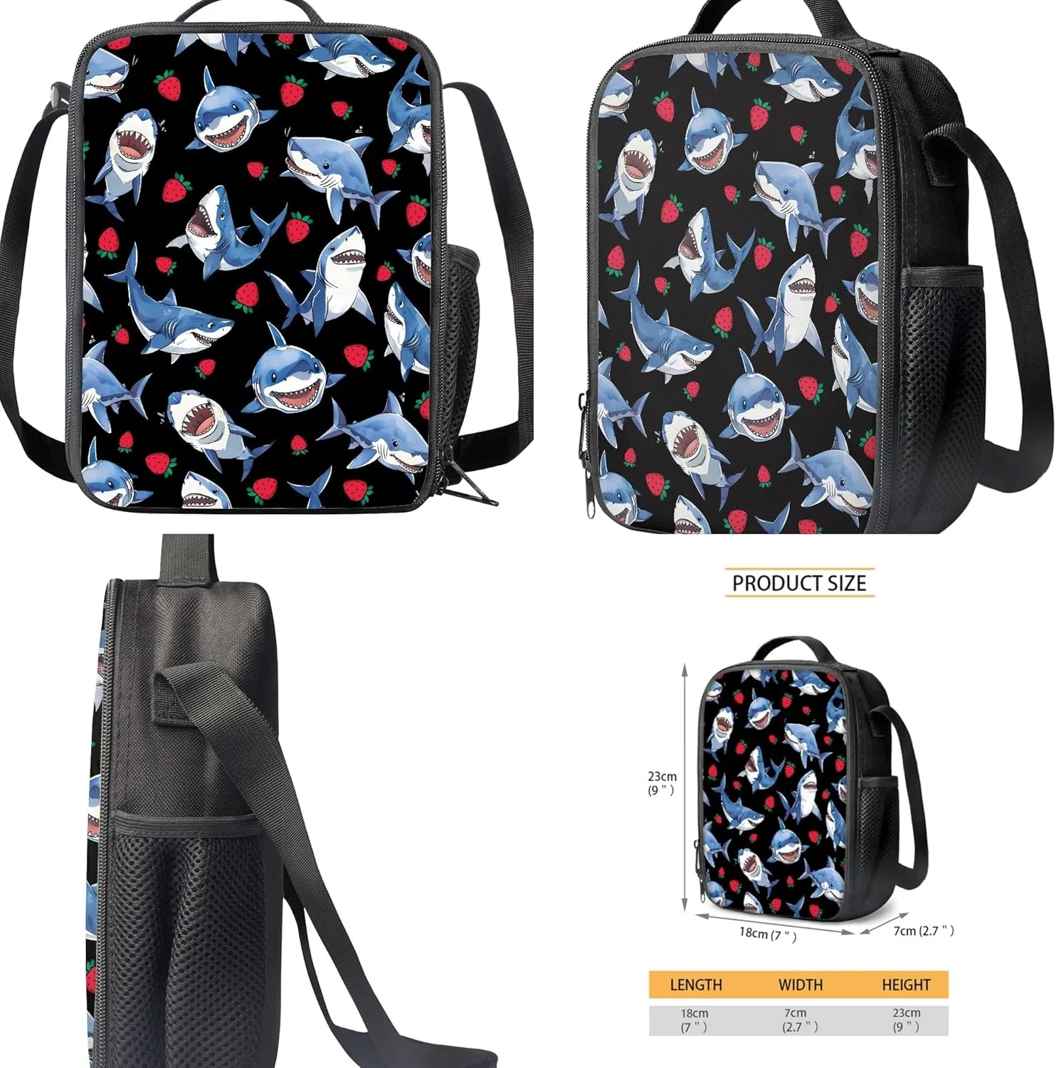 CLOHOMIN Cartoon Shark Strawberry Shoulder Bag Fashion School Backpack Set of 3, Lightweight Pencil Holder Cooler Warm Lunch Tote Pencil Bag for Kids Teen Boys