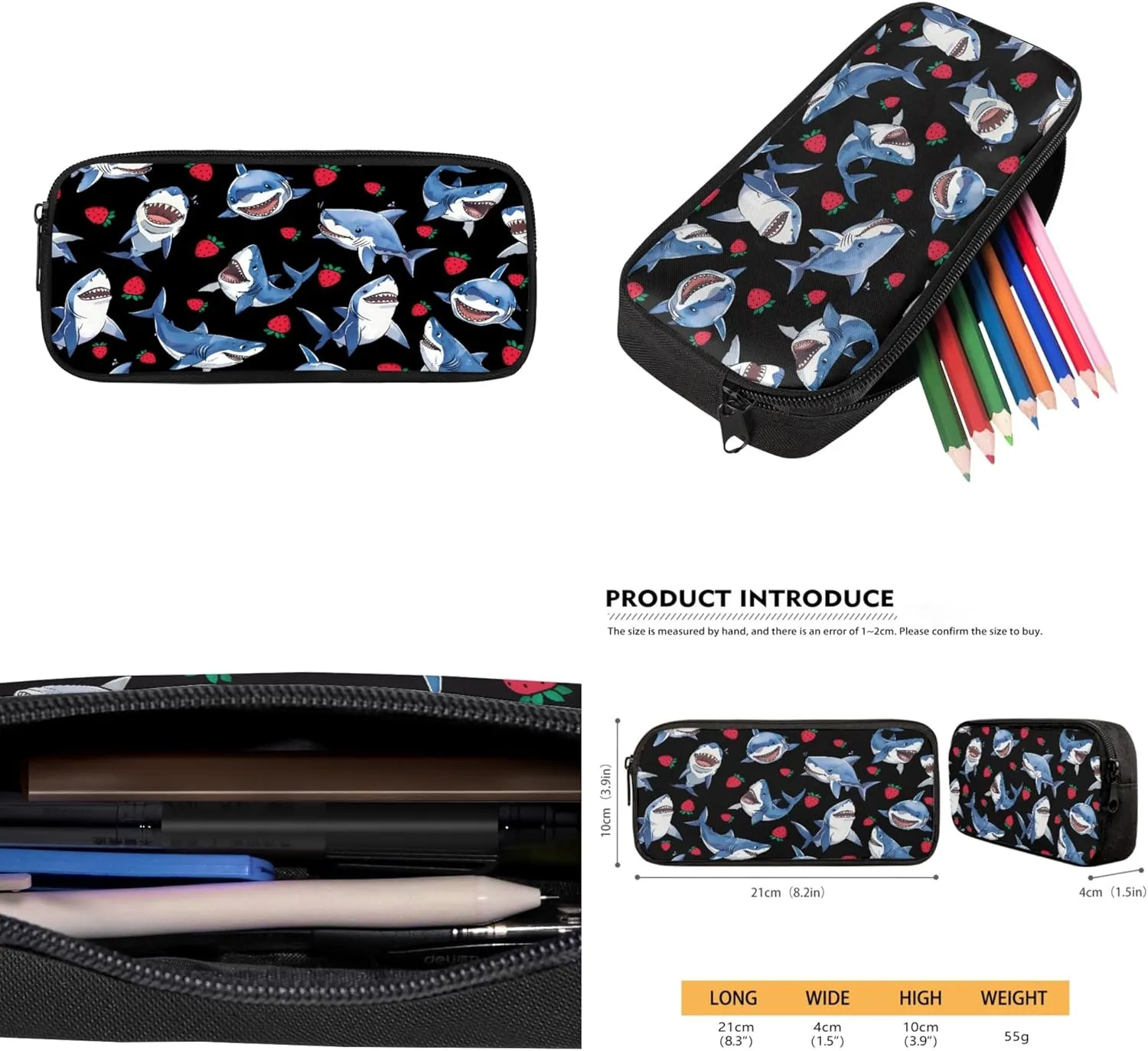 CLOHOMIN Cartoon Shark Strawberry Shoulder Bag Fashion School Backpack Set of 3, Lightweight Pencil Holder Cooler Warm Lunch Tote Pencil Bag for Kids Teen Boys