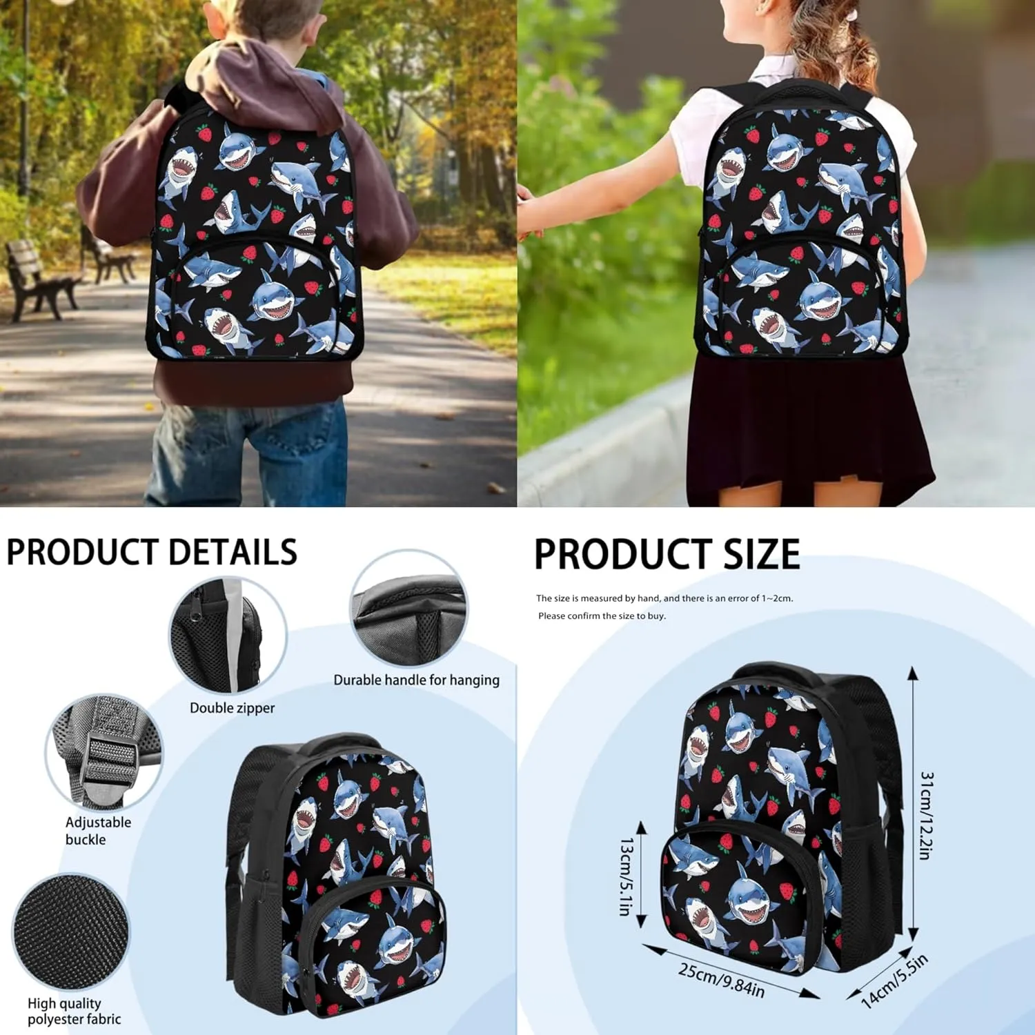 CLOHOMIN Cartoon Shark Strawberry Shoulder Bag Fashion School Backpack Set of 3, Lightweight Pencil Holder Cooler Warm Lunch Tote Pencil Bag for Kids Teen Boys