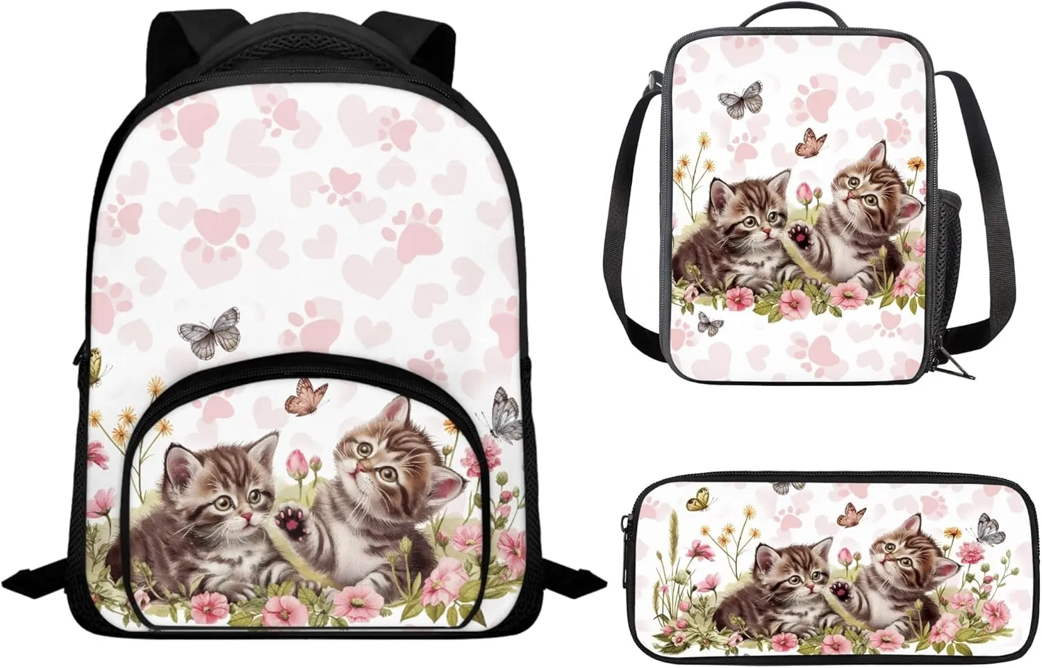 CLOHOMIN Cat Paw School Backpack for Teens Adorable Book Bag Sets Girls Backpacks with Thermal Insulated Lunch Box Pencilcase 3 Pieces Middle High School Bag Set
