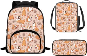CLOHOMIN Corgi Dog Paw School Backpack for Girls Boys Bookbag with Lunch Box and Pencil Case 3 PCS Kids Backpacks for Elementary Middle School School Suppile