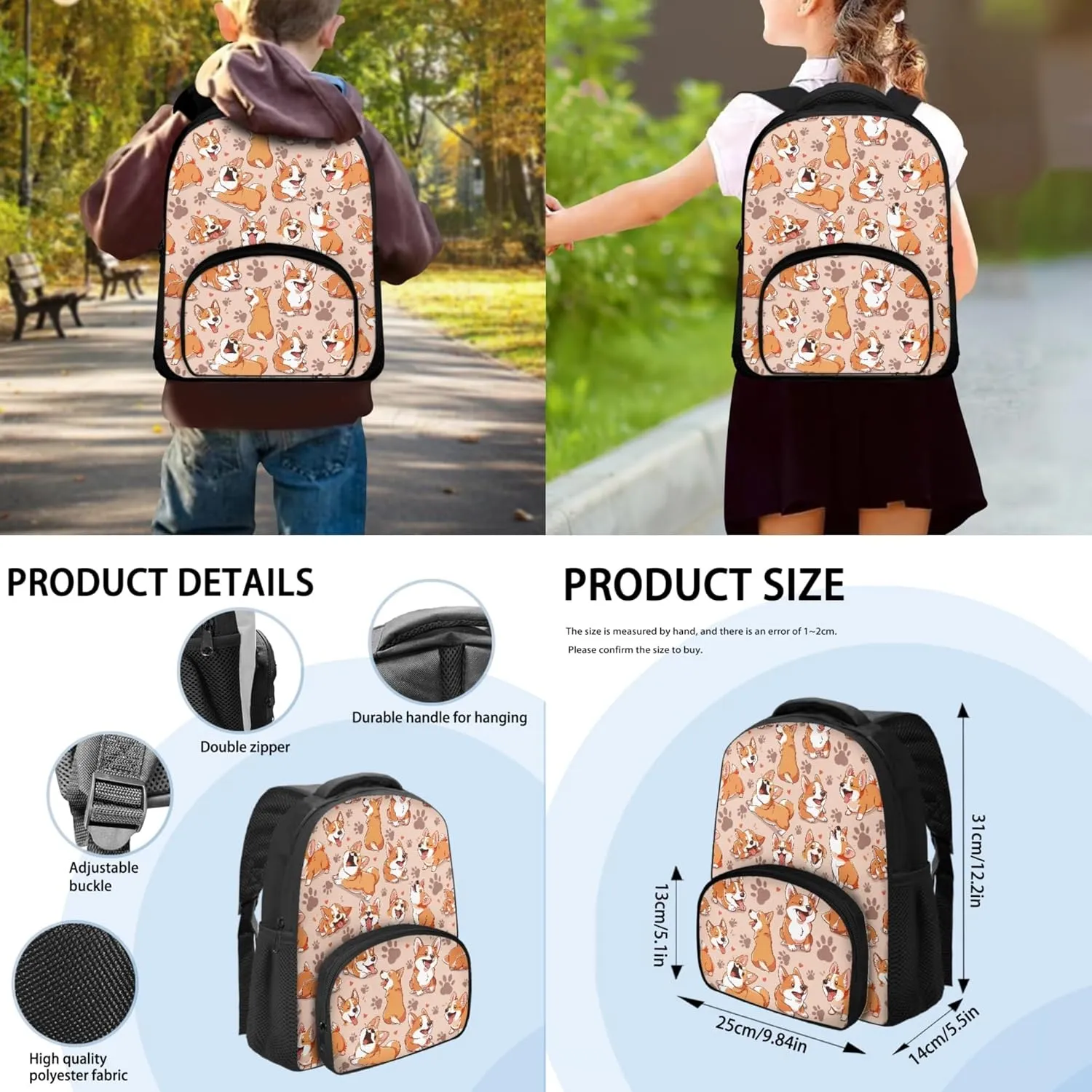 CLOHOMIN Corgi Dog Paw School Backpack for Girls Boys Bookbag with Lunch Box and Pencil Case 3 PCS Kids Backpacks for Elementary Middle School School Suppile