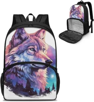 Colorful Art Wolf Forest Pattern Carry On Backpack and Lunch Bag Cartoon Wolves Oil Painting Lady Insulated Cooler Backpack Watercolor Animal 2 in 1 Casual Backpack