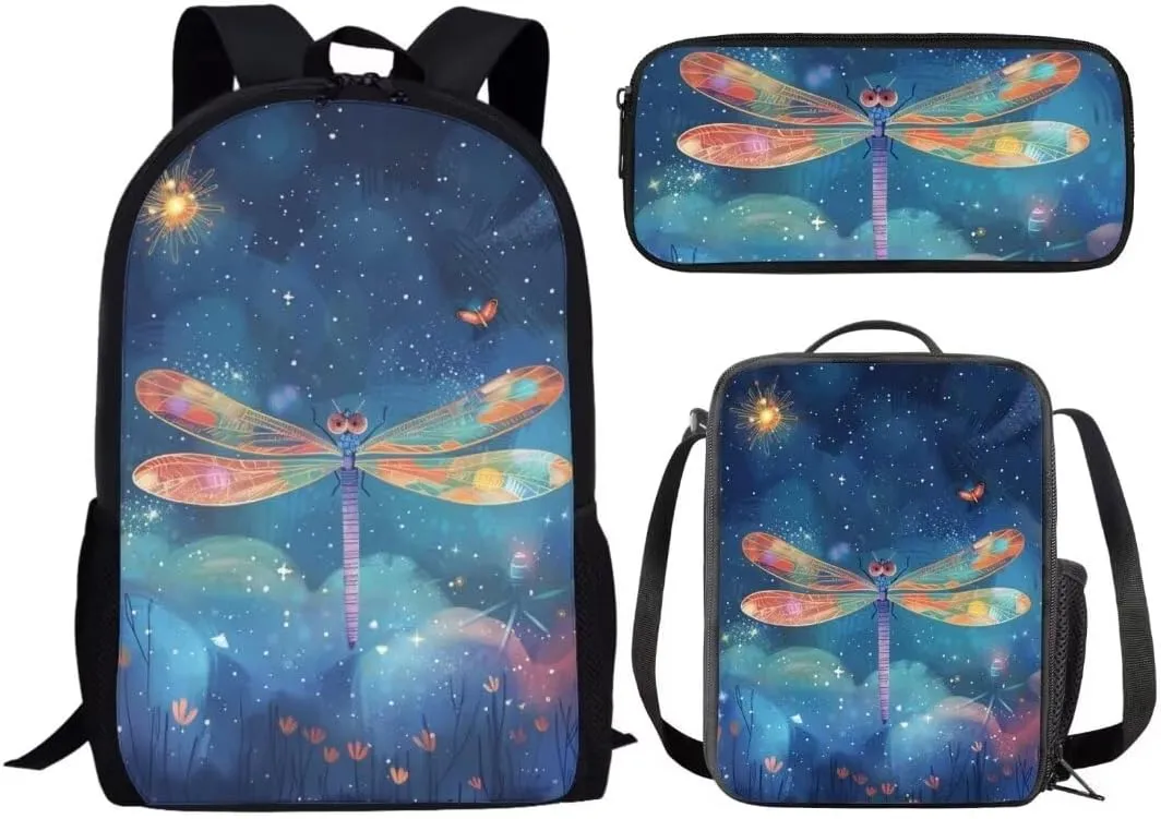 Colorful Dragonfly School Backpack For Kids Girls Elementary 17 Inch Large Capacity Book Bag With Lunch Bag Pen Bag