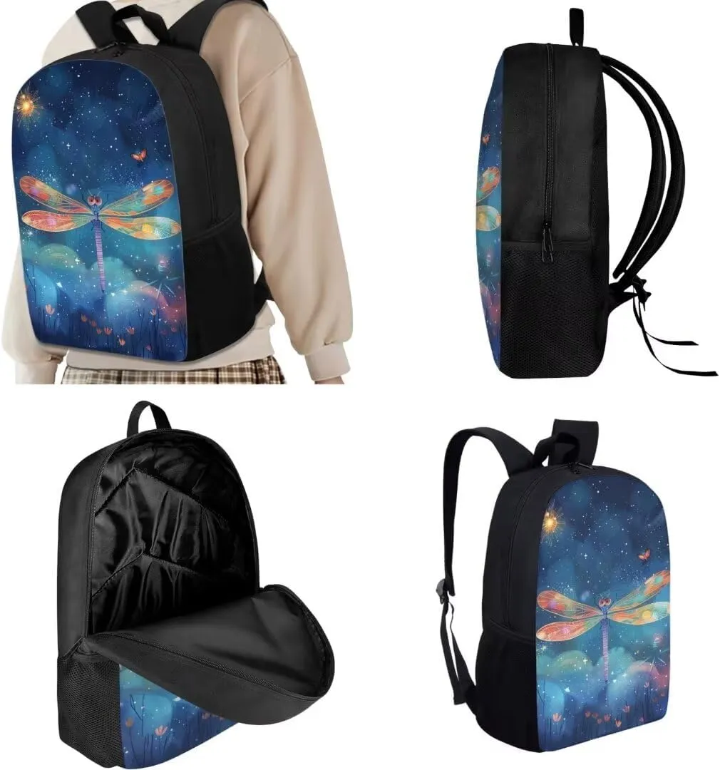 Colorful Dragonfly School Backpack For Kids Girls Elementary 17 Inch Large Capacity Book Bag With Lunch Bag Pen Bag