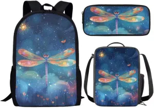 Colorful Dragonfly School Backpack For Kids Girls Elementary 17 Inch Large Capacity Book Bag With Lunch Bag Pen Bag