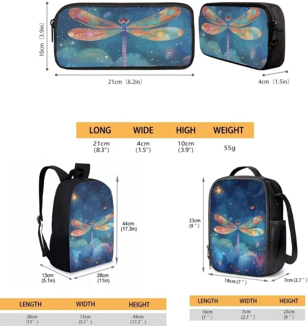 Colorful Dragonfly School Backpack For Kids Girls Elementary 17 Inch Large Capacity Book Bag With Lunch Bag Pen Bag
