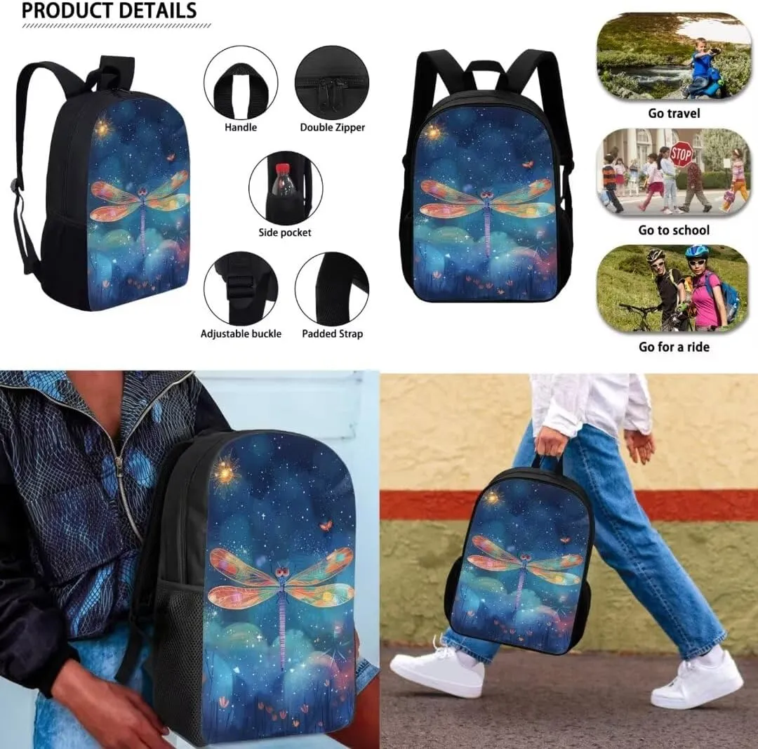Colorful Dragonfly School Backpack For Kids Girls Elementary 17 Inch Large Capacity Book Bag With Lunch Bag Pen Bag