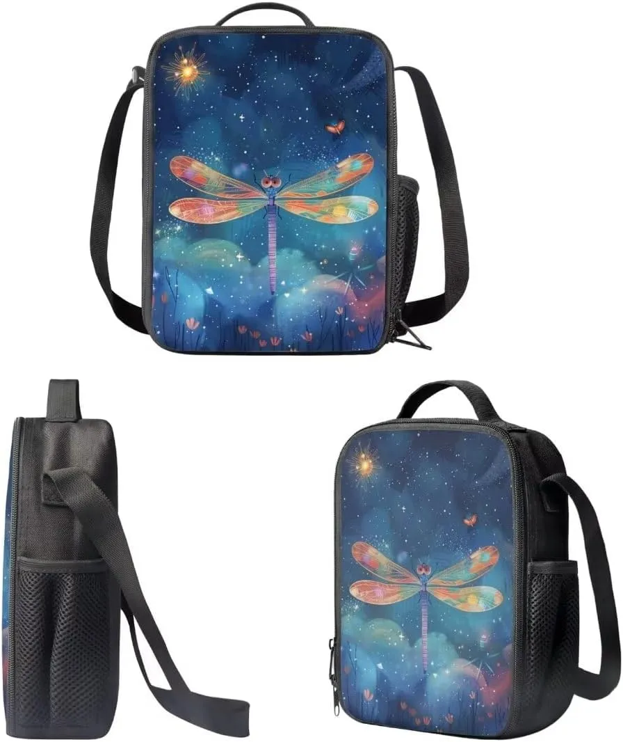 Colorful Dragonfly School Backpack For Kids Girls Elementary 17 Inch Large Capacity Book Bag With Lunch Bag Pen Bag