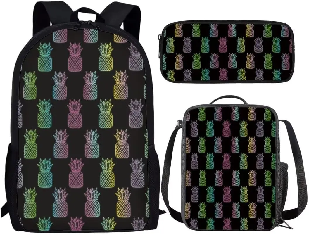 Colorful Pineapple Backpack Set For Kids Middle School Trendy Cool 17 Inch Student Bookbag With Lunch Bag Pen Bag