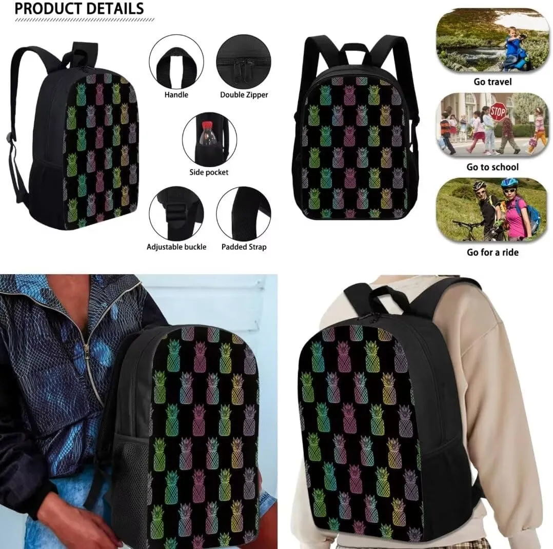 Colorful Pineapple Backpack Set For Kids Middle School Trendy Cool 17 Inch Student Bookbag With Lunch Bag Pen Bag