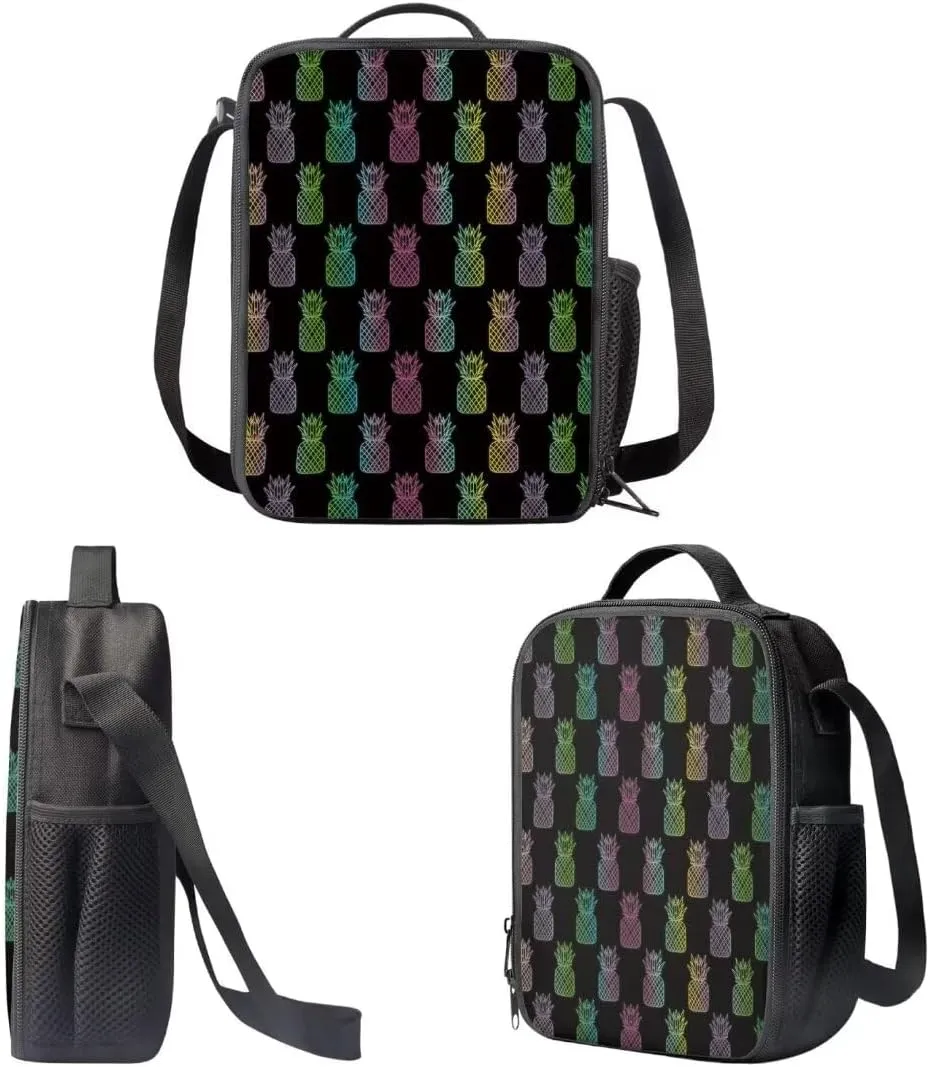 Colorful Pineapple Backpack Set For Kids Middle School Trendy Cool 17 Inch Student Bookbag With Lunch Bag Pen Bag