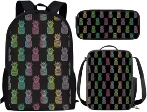 Colorful Pineapple Backpack Set For Kids Middle School Trendy Cool 17 Inch Student Bookbag With Lunch Bag Pen Bag
