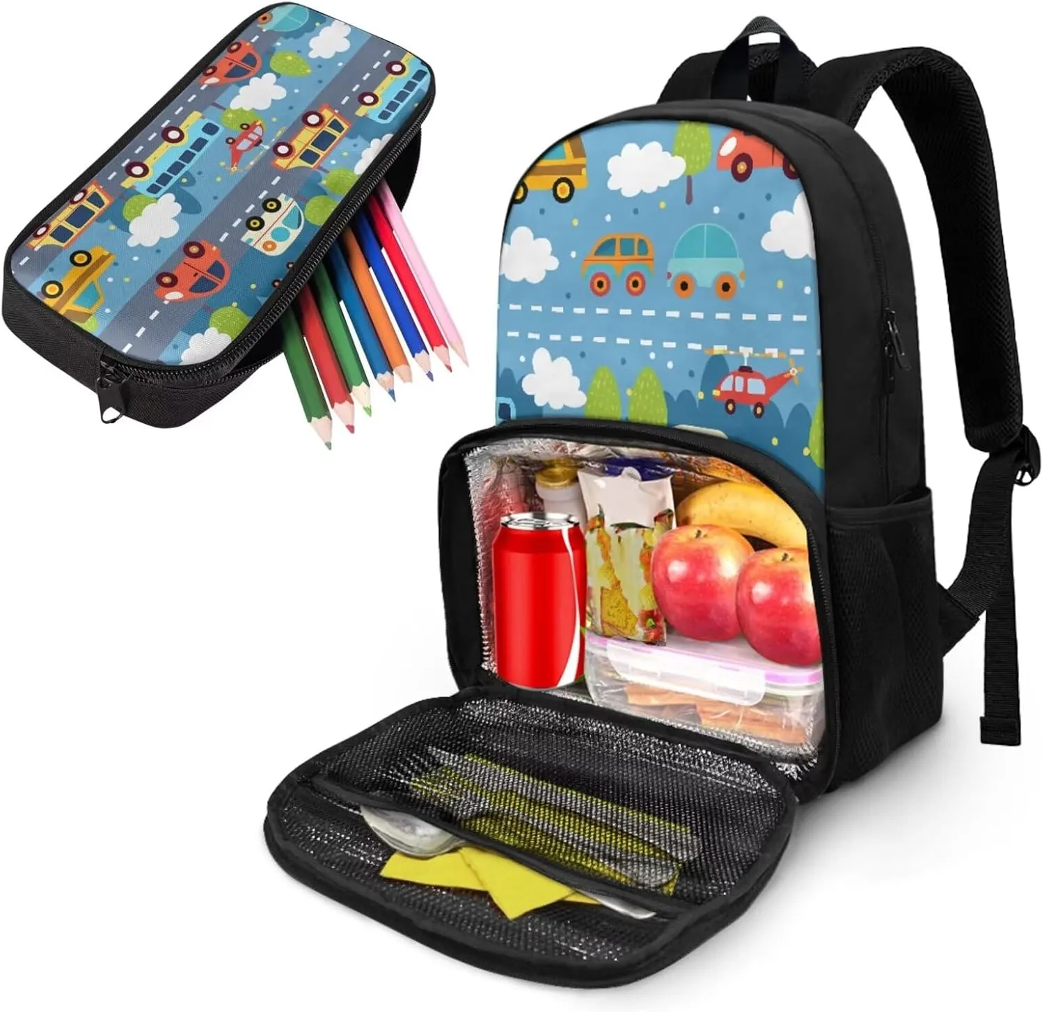 Cooler Backpack with Lunch Box Compartment Toddler Backpack for Kindergarten Boys Bookbag Insulated Leak Proof Schoolbag Cute Car Backpack for Kids 3-5