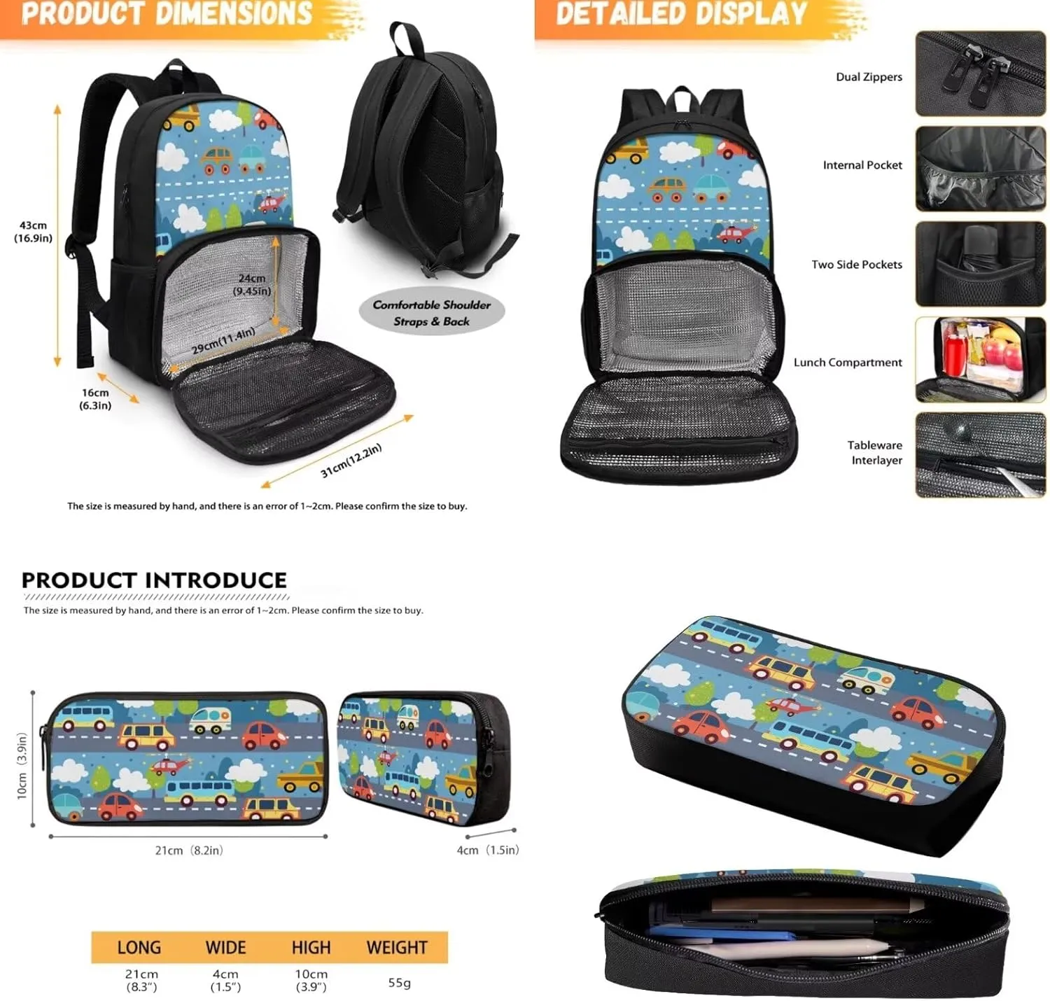 Cooler Backpack with Lunch Box Compartment Toddler Backpack for Kindergarten Boys Bookbag Insulated Leak Proof Schoolbag Cute Car Backpack for Kids 3-5
