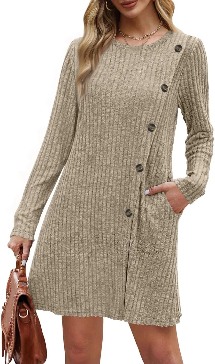 COTECRAM Fall Dresses for Women 2024 Trendy Buttons Side Long Sleeve Dress Casual Winter Tunic Sweater Dresses with Pockets