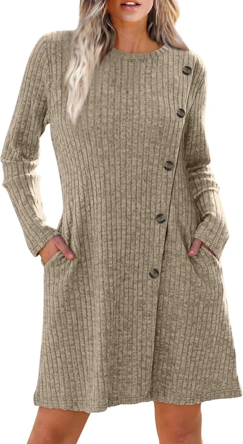 COTECRAM Fall Dresses for Women 2024 Trendy Buttons Side Long Sleeve Dress Casual Winter Tunic Sweater Dresses with Pockets