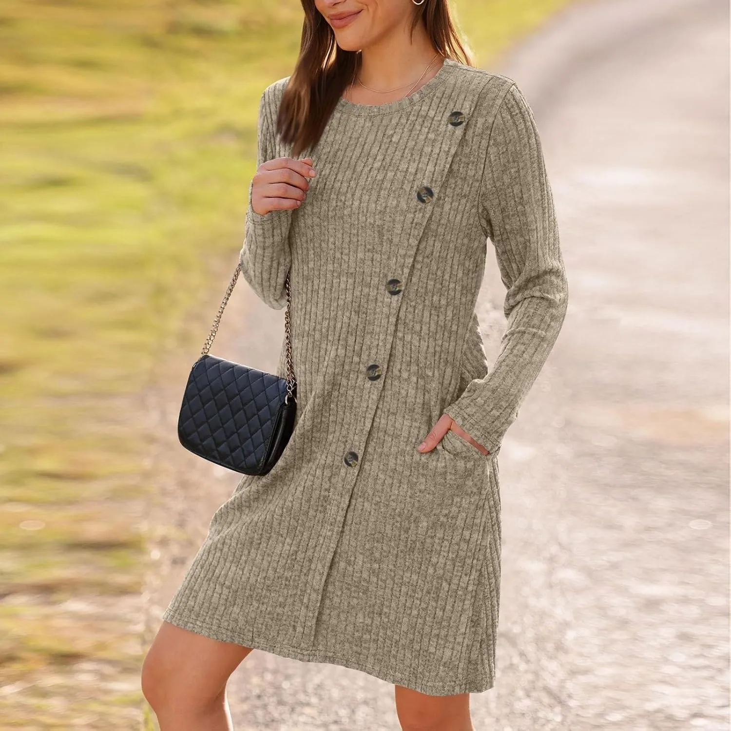 COTECRAM Fall Dresses for Women 2024 Trendy Buttons Side Long Sleeve Dress Casual Winter Tunic Sweater Dresses with Pockets